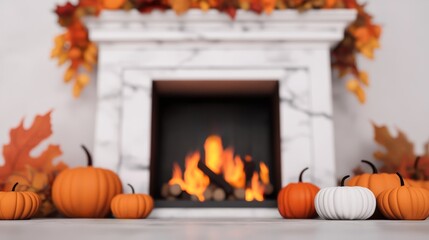 Obraz premium A cozy autumn scene featuring a fireplace adorned with vibrant leaves and decorative pumpkins.