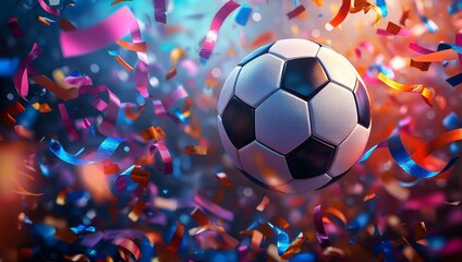 Fototapeta premium A vibrant soccer ball surrounded by colorful confetti, creating a festive atmosphere, ideal for celebrations or sports events.
