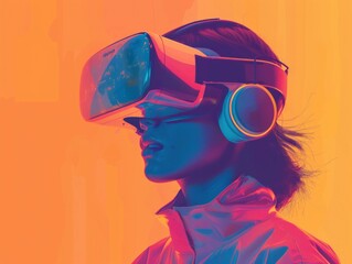 Woman wearing virtual reality simulator in glowing neon light room