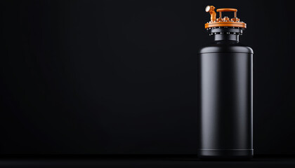 A sleek black gas cylinder with an orange valve, positioned against a dark backdrop, emphasizing its modern design.