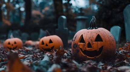 Halloween Pumpkins. features several pumpkins lying in a cemetery area with a blurred background adding a mysterious and spooky feel, perfect for Halloween celebrations.