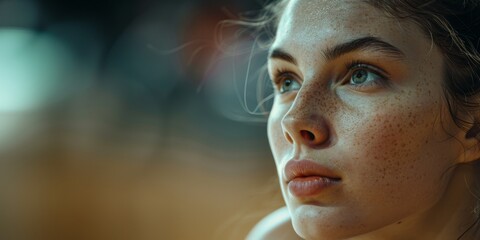 Fototapeta premium Close-up of pensive female athlete with freckled face.