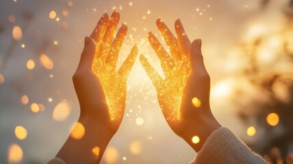 Hands lifted towards golden light, with particles softly glowing, creating an atmosphere of hope and spiritual connection
