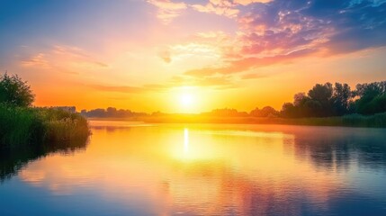 Obraz premium A beautiful sunrise over a calm river, with the warm glow of the sun reflecting on the water, symbolizing the start of a new journey