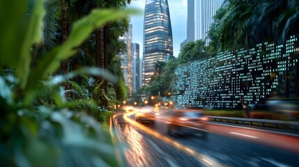 Obraz premium A 3D rendered futuristic cityscape with a dynamic digital overlay of fluctuating market data and financial graphs showcasing the intersection of urban architecture and the financial industry