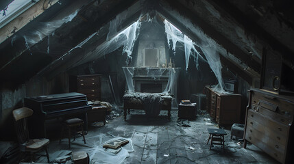 A dark, foggy alley in a haunted town, with flickering street lamps, cracked cobblestones, and shadowy figures lurking around every corner