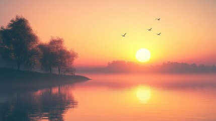 Fototapeta premium A peaceful sunrise over a calm lake, with the soft glow of the sun reflecting on the water, symbolizing the start of a fresh day