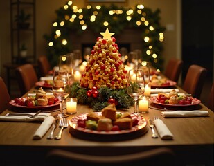 Naklejka premium Festive holiday dinner table with candlelight and christmas tree centerpiece