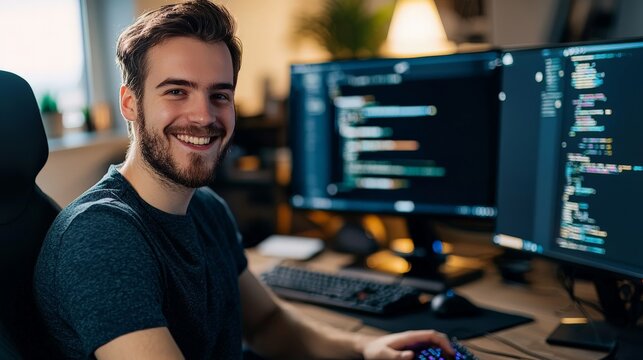 Video game developer testing gameplay mechanics, smiling confidently