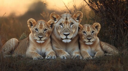 Obraz premium Lions resting in the savanna at sunset: wildlife in natural habitat for conservation and nature photography