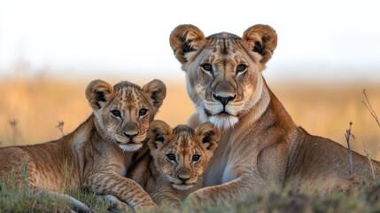 Obraz premium Family of lions resting in the savanna at sunset - wildlife photography for conservation and education