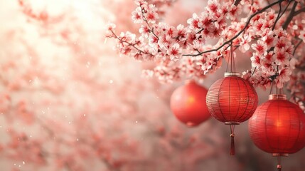 Fototapeta premium A beautiful, serene scene of cherry blossom branches with red lanterns hanging from them,