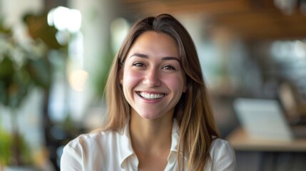 Smiling young woman job candidate in white blouse