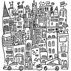 Naklejka premium Hand-drawn urban doodles showcase vibrant city life with quirky buildings, cars, and lively streets filled with people. Generative AI