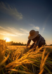 Fototapeta premium Photo of farmer in golden hour.