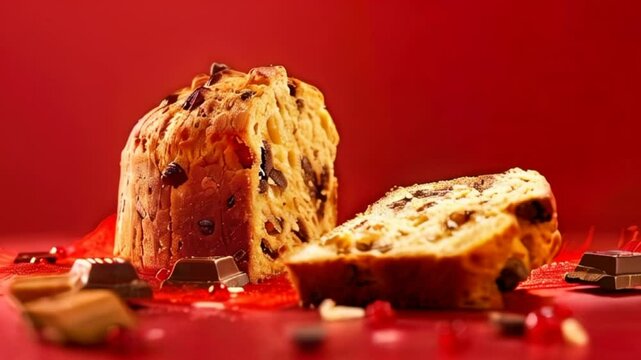 Video of traditional Italian holiday pastry panettone with chocolate on dark red background. Holiday baking concept