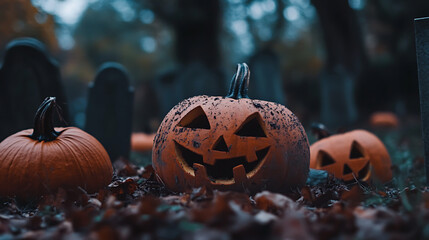 Halloween Pumpkins. features several pumpkins lying in a cemetery area with a blurred background adding a mysterious and spooky feel, perfect for Halloween celebrations.
