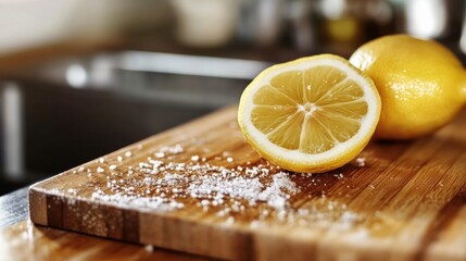 Spring cleaning: fresh lemons on cutting board for disinfecting and cleaning