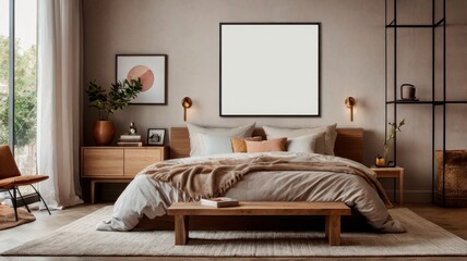 A stylish bedroom with a large empty frame above the bed. The bed is made with white linens and has a light beige blanket and a grey throw