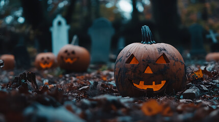 Halloween Pumpkins. features several pumpkins lying in a cemetery area with a blurred background adding a mysterious and spooky feel, perfect for Halloween celebrations.