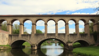 Fototapeta premium Historic Bridge Over Calm Water with Blue Sky
