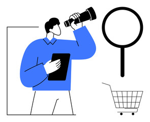 A person looks through a telescope while holding a tablet. A magnifying glass and a shopping cart are also visible. Ideal for business, marketing, research, consumer behavior, online shopping. Simple