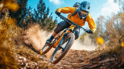 A fast-moving mountain cyclist in a downhill configuration on the bike park trail.