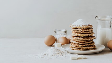 A stack of freshly made crepes sits invitingly, accompanied by eggs and milk in the background. The light beige tones create a warm and appetizing atmosphere