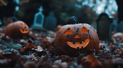 Halloween Pumpkins. features several pumpkins lying in a cemetery area with a blurred background adding a mysterious and spooky feel, perfect for Halloween celebrations.