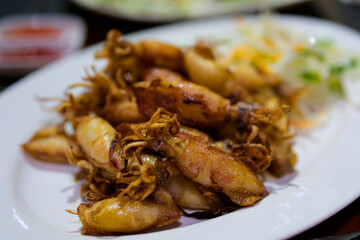 fried octopus First person view of a piece of grilled octopus coming up. dipping a piece of...