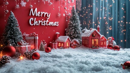 Christmas holiday red background photography with white Letters "Merry Christmas" on red background with small snow Christmas tree, small houses, gifts and balls 
