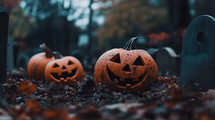 Halloween Pumpkins. features several pumpkins lying in a cemetery area with a blurred background adding a mysterious and spooky feel, perfect for Halloween celebrations.
