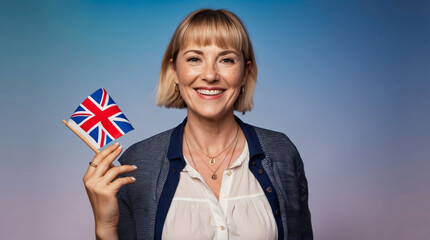 Learning English language concept. Woman is holding UK flag on blue background with copy space. Teaching English for foreigners