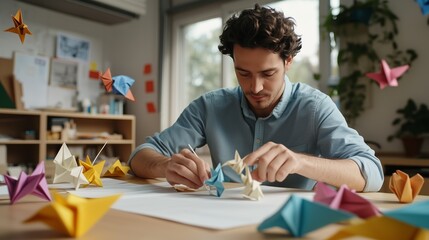 Fototapeta premium A man creates colorful origami paper figures in a sunlit studio filled with plants and artistic inspiration