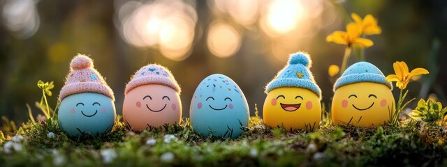 Fototapeta premium A group of eggs with chick faces, showing a peaceful day out in the wild,