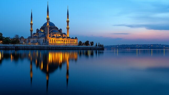 Mosque by river at evening time with copy space.
