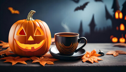 A festive Halloween scene featuring a carved pumpkin, a steaming cup, and autumn leaves, creating a cozy atmosphere.