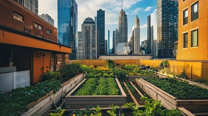 Urban Rooftop Garden with City Skyline in Background