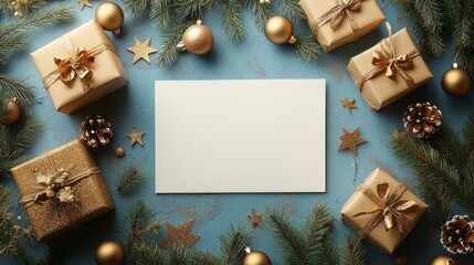 A mockup of an empty, blank white A4 card on a light blue background with Christmas decorations, golden stars and balls, gifts, pine branches, in a flat lay top view from above