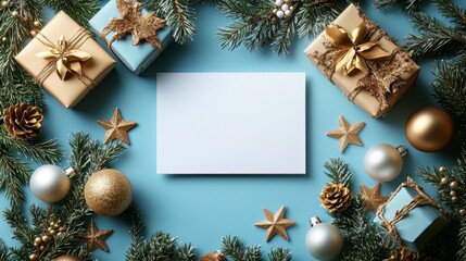 A mockup of an empty, blank white A4 card on a light blue background with Christmas decorations, golden stars and balls, gifts, pine branches, in a flat lay top view from above