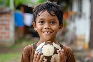 Naklejka premium Smiling child holding soccer ball outdoors.