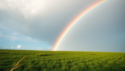 Naklejka premium Colorful Rainbow Over Lush Green Field