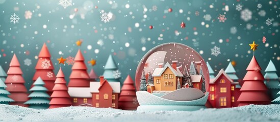 Obraz premium Cozy and festive winter wonderland scene featuring a snowy village with decorated Christmas cottages pine trees and a magical atmosphere Idyllic and serene landscape with a tranquil storybook like