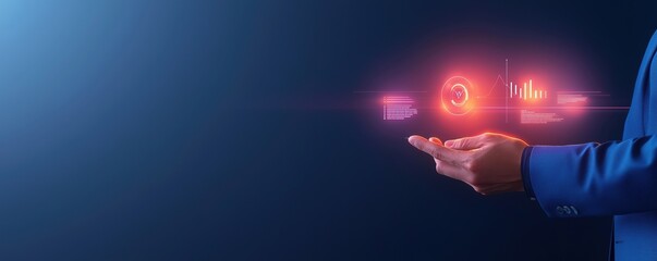 Person showcasing digital technology interface with glowing icons.