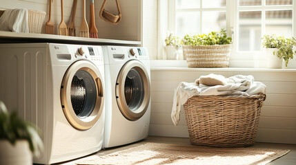 A laundry room with two washing machines one beige and the other white