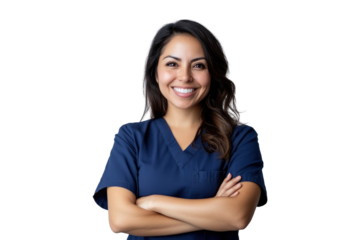 Smiling female nurse in scrubs with arms crossed on a transparent background