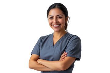 Smiling female nurse in scrubs with arms crossed on a transparent background