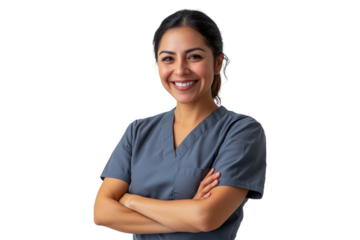 Smiling female nurse in scrubs with arms crossed on a transparent background