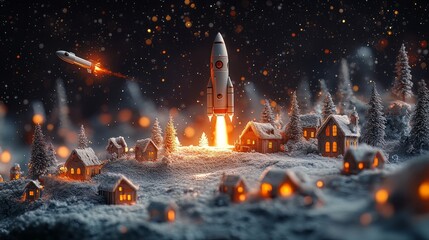 A charming, miniature Christmas village scene with snow-covered houses, twinkling lights, and festive decorations