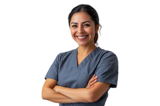 Smiling female nurse in scrubs with arms crossed on a transparent background